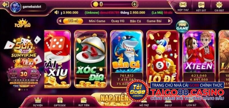 Những trò chơi có tại cổng game Sunvip