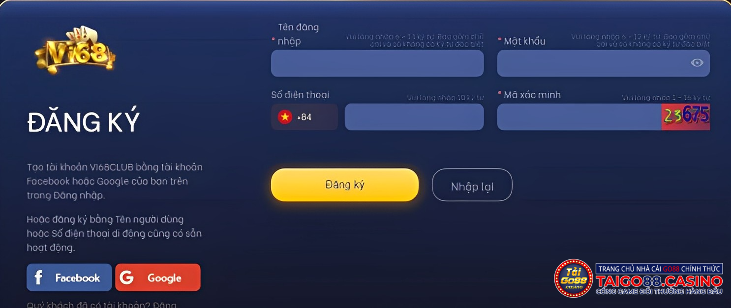 Form đăng ký tài khoản tại cổng agame Vi68